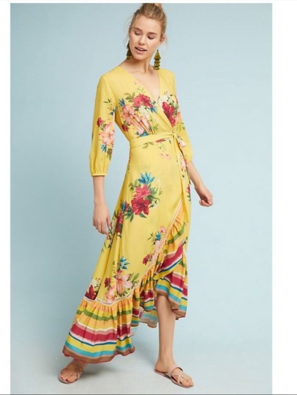 Farm Rio Yellow Market Maxi Wrap Dress Floral Tropical Ruffle Large